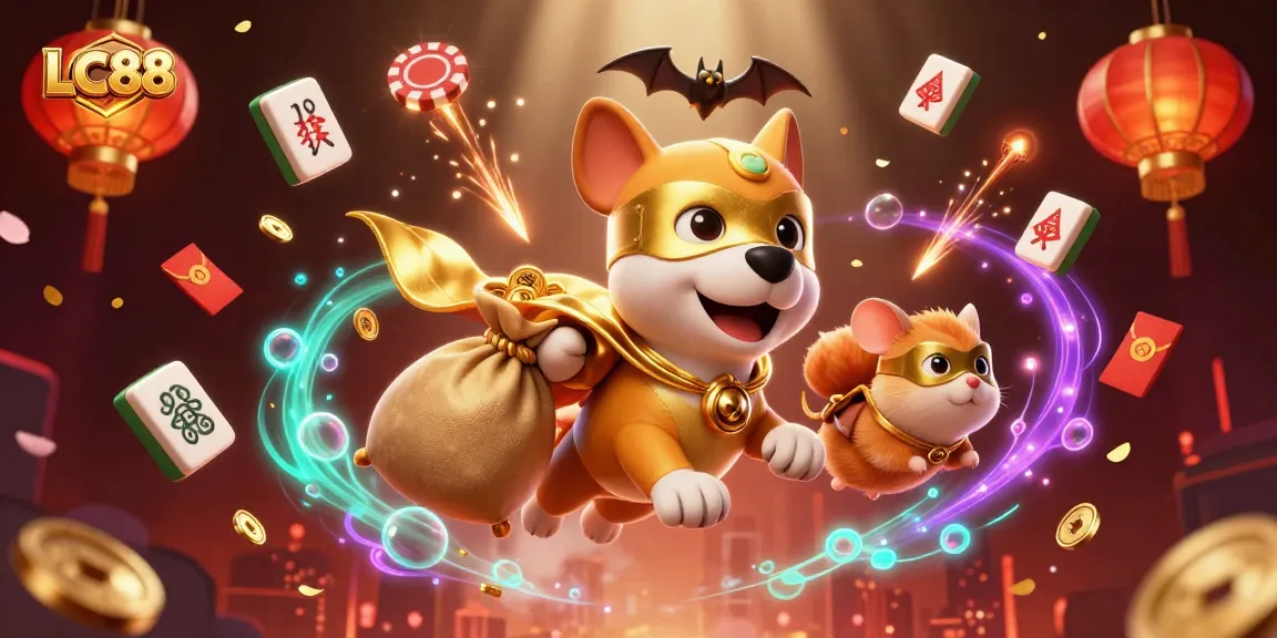 Engage with LC88 at the online casino, featuring a superhero dog soaring with gold coins, amidst festive gaming elements.