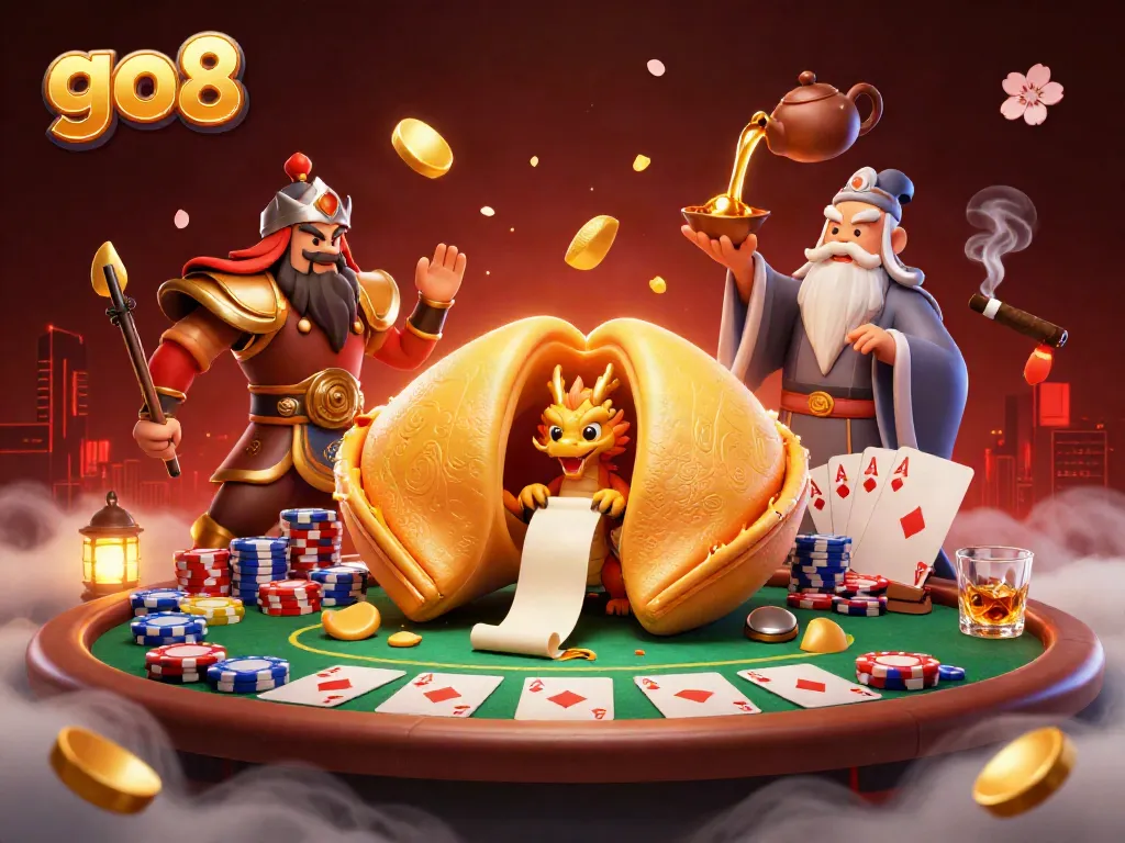 Experience thrilling gaming adventures at go8 with a vibrant casino scene featuring golden fortune cookies and poker elements.