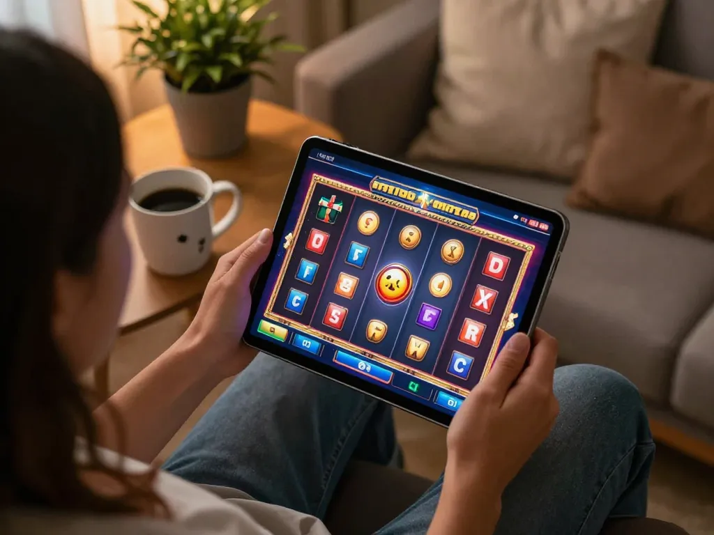 Engaging in online slot gaming on a tablet with vibrant spinning reels in a cozy home setting