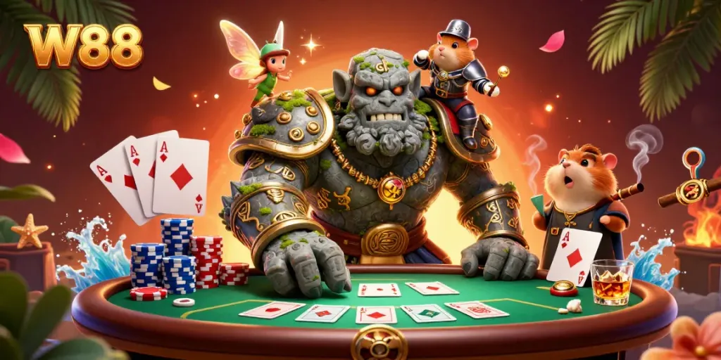 Engage in thrilling poker at W88, featuring a magical scene with a golem, hamster knight, and a fairy casting spells.