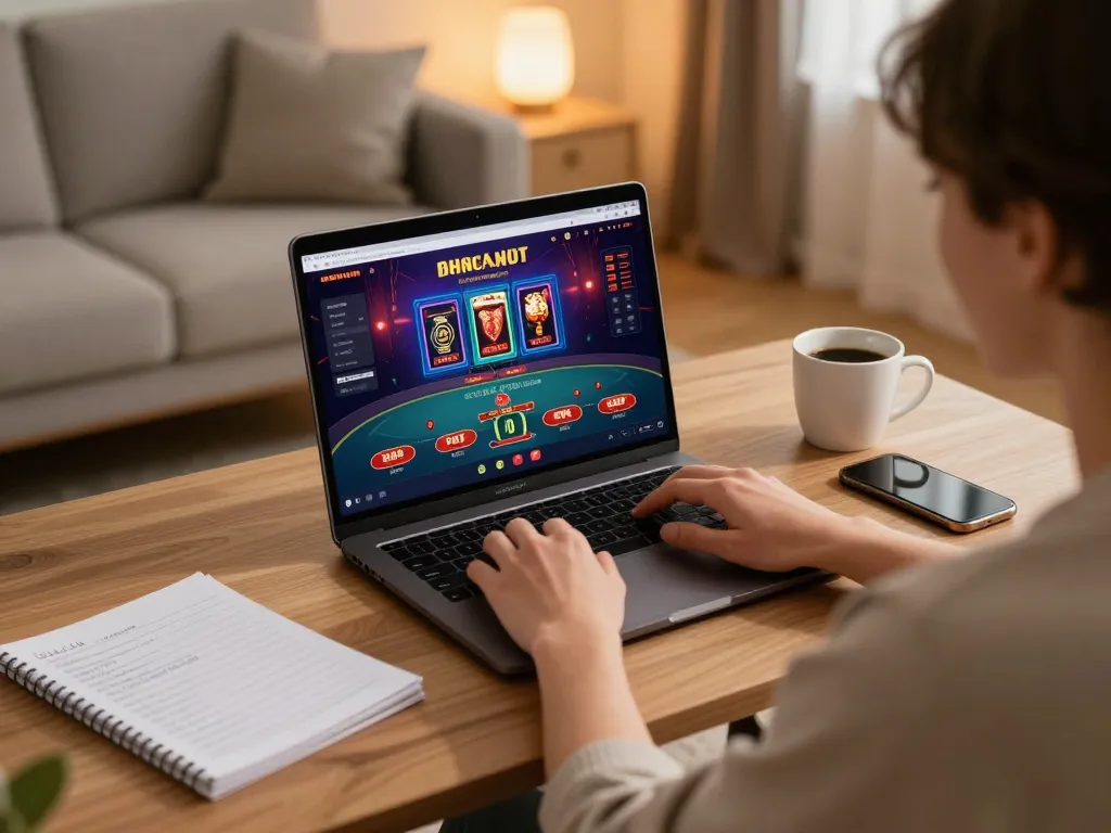 Kuwin player engaging with online casino games on laptop in a cozy home setting.