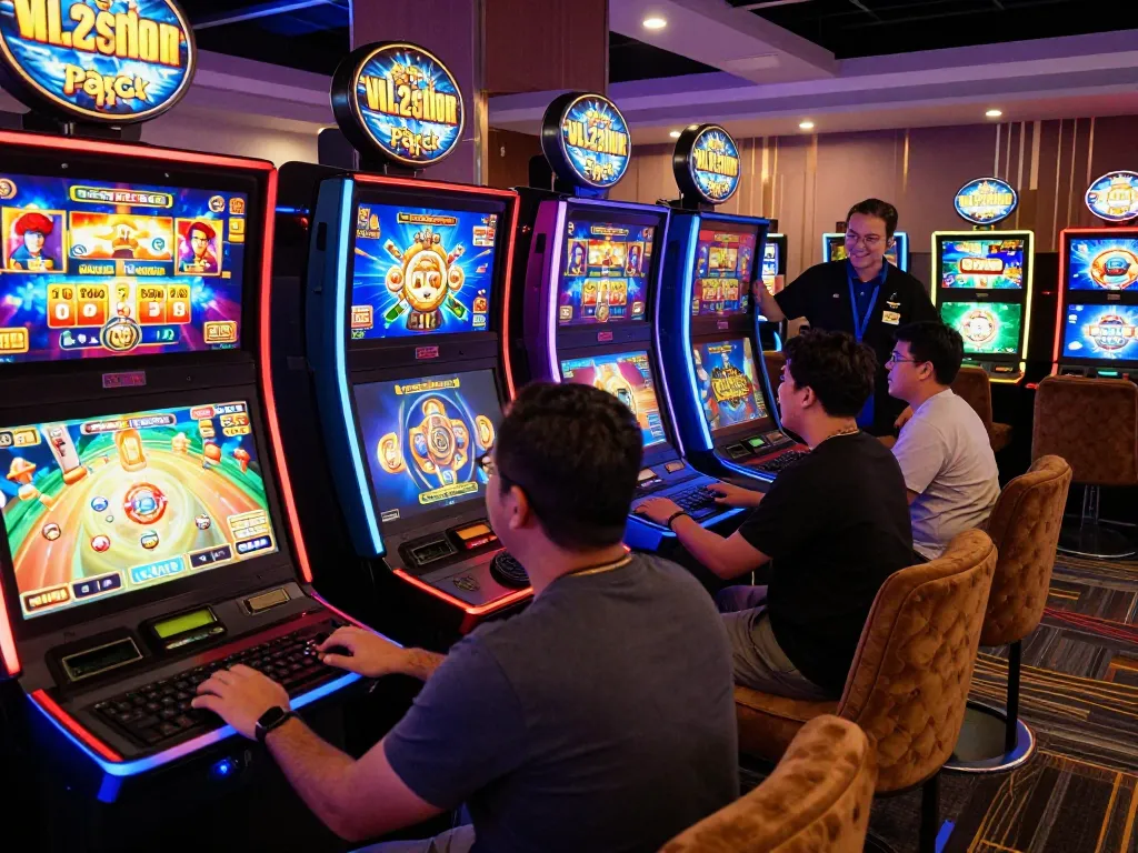 Gambar menarik dari dunia permainan online yang menampilkan pemain yang menikmati mesin slot virus88 yang penuh warna di kasino digital.