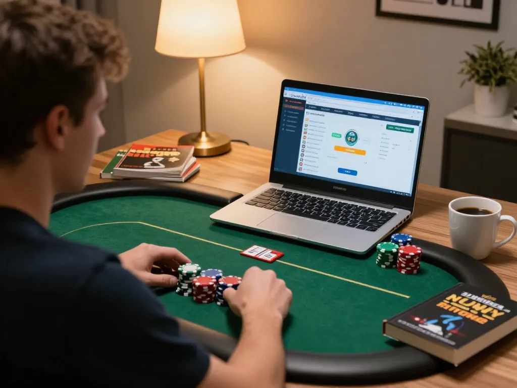 Player engaged in a sunwin poker game at home, showing focused gameplay and strategy notes.