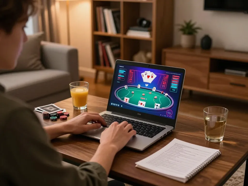LGO99 player engaging with online poker, showcasing personal strategy notes in a cozy setting.