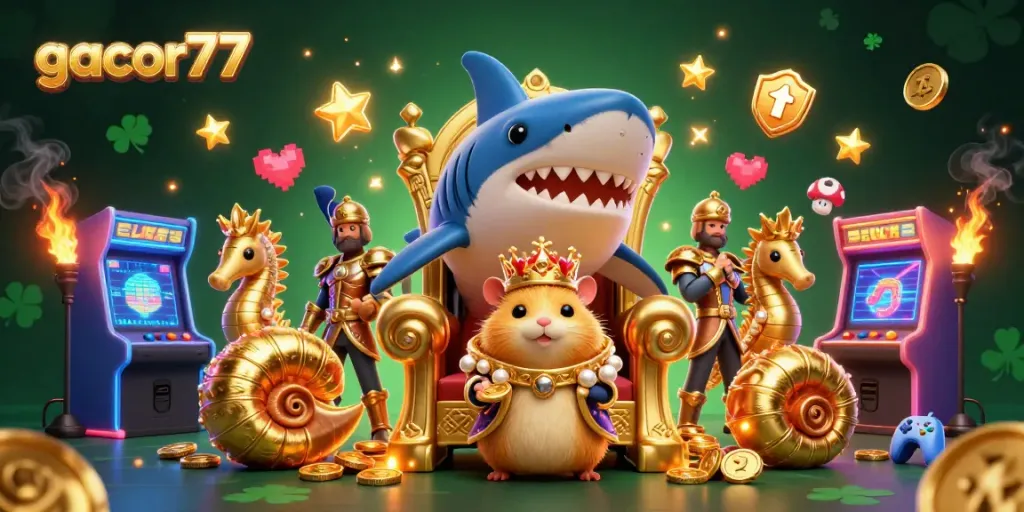 Gacor77 memberikan pengalaman bermain menarik dengan slot berwarna cerah dan karakter hebat dalam ilustrasi kasino.