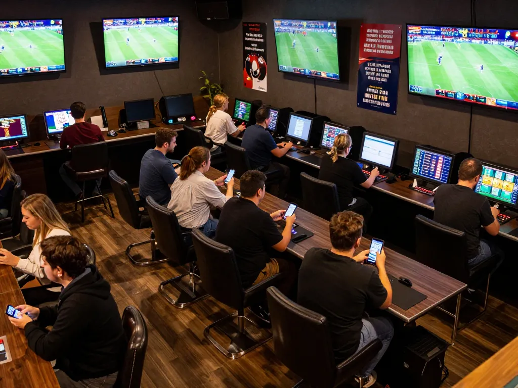 Spectators engaging in exciting sports betting action at fabet with multiple screens broadcasting live events.