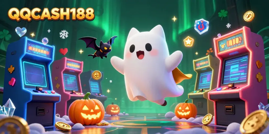 Experience the thrills of QQCASH188 with a ghost cat in a vibrant haunted casino.