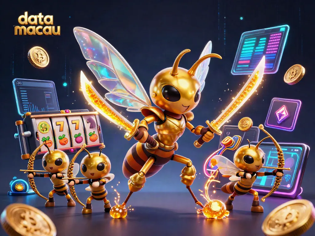 Tampilkan data macau melalui ilustrasi 3D menarik dengan karakter seperti capung dan item kasino.