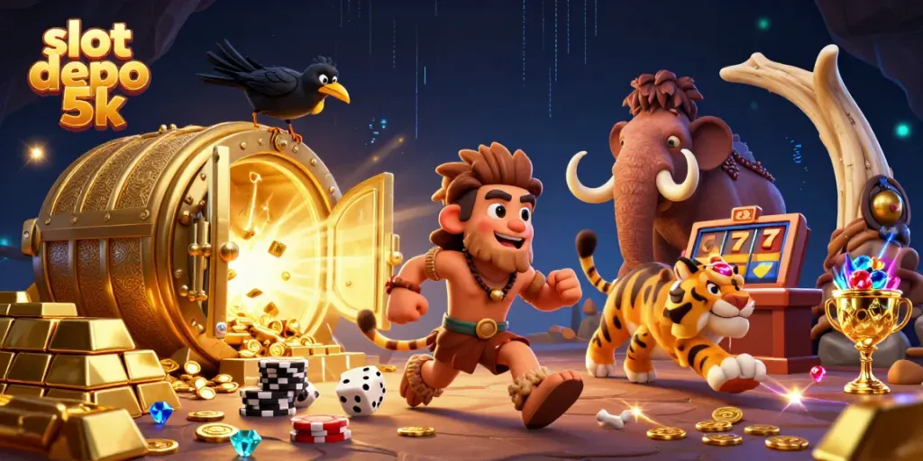 Engage in the excitement of slot depo 5k with a vibrant 3D casino scene featuring animated characters and treasures.