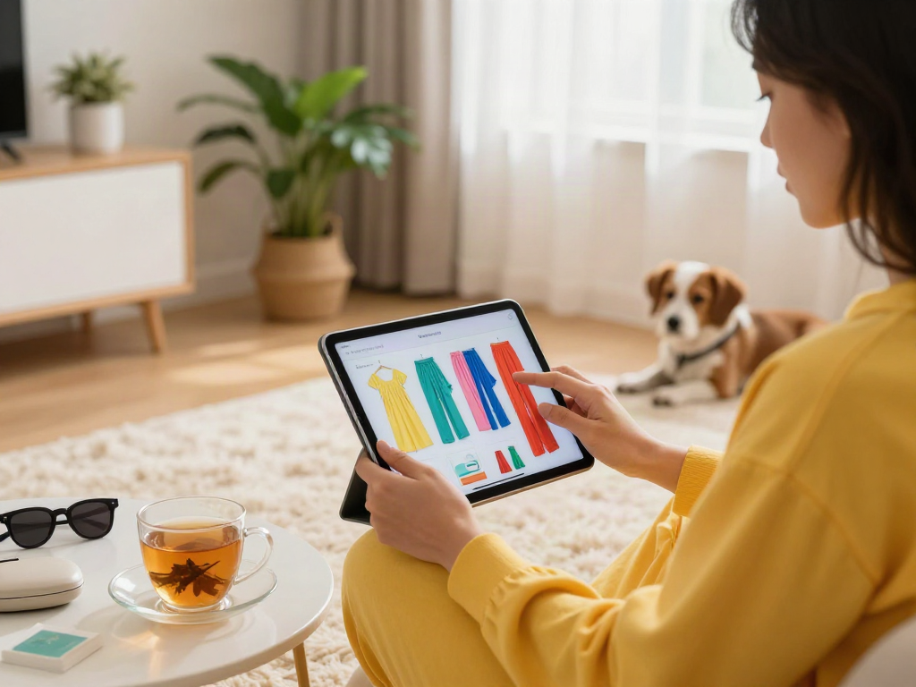 Engaging E-COMMERCE/RETAIL scene featuring stylish individual browsing products with bro138 on tablet, cozy atmosphere.