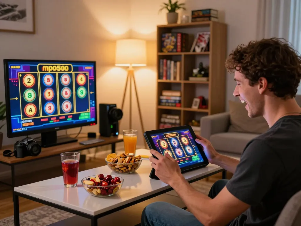 Person celebrating a win on mpo500 slots during a cozy home gaming night, filled with excitement and vibrant atmosphere.