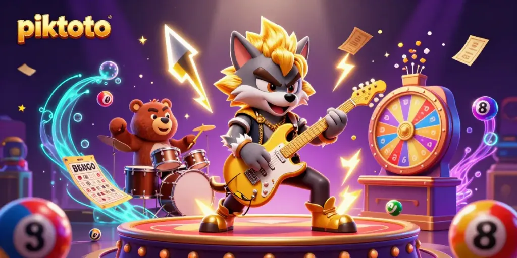 Engage with piktoto's thrilling casino atmosphere featuring a dynamic rock star wolf and exciting game elements.