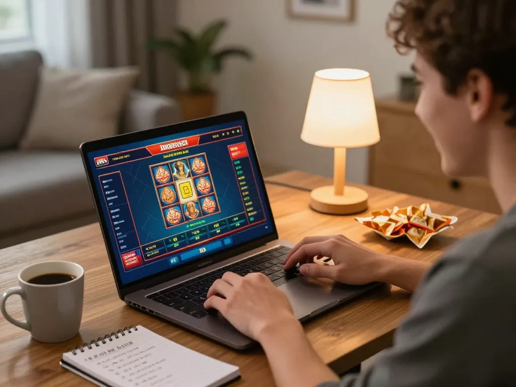 Pengalaman gameplay online yang menarik di slot server Indonesia, menunjukkan pemain yang berkonsentrasi pada antarmuka slot.