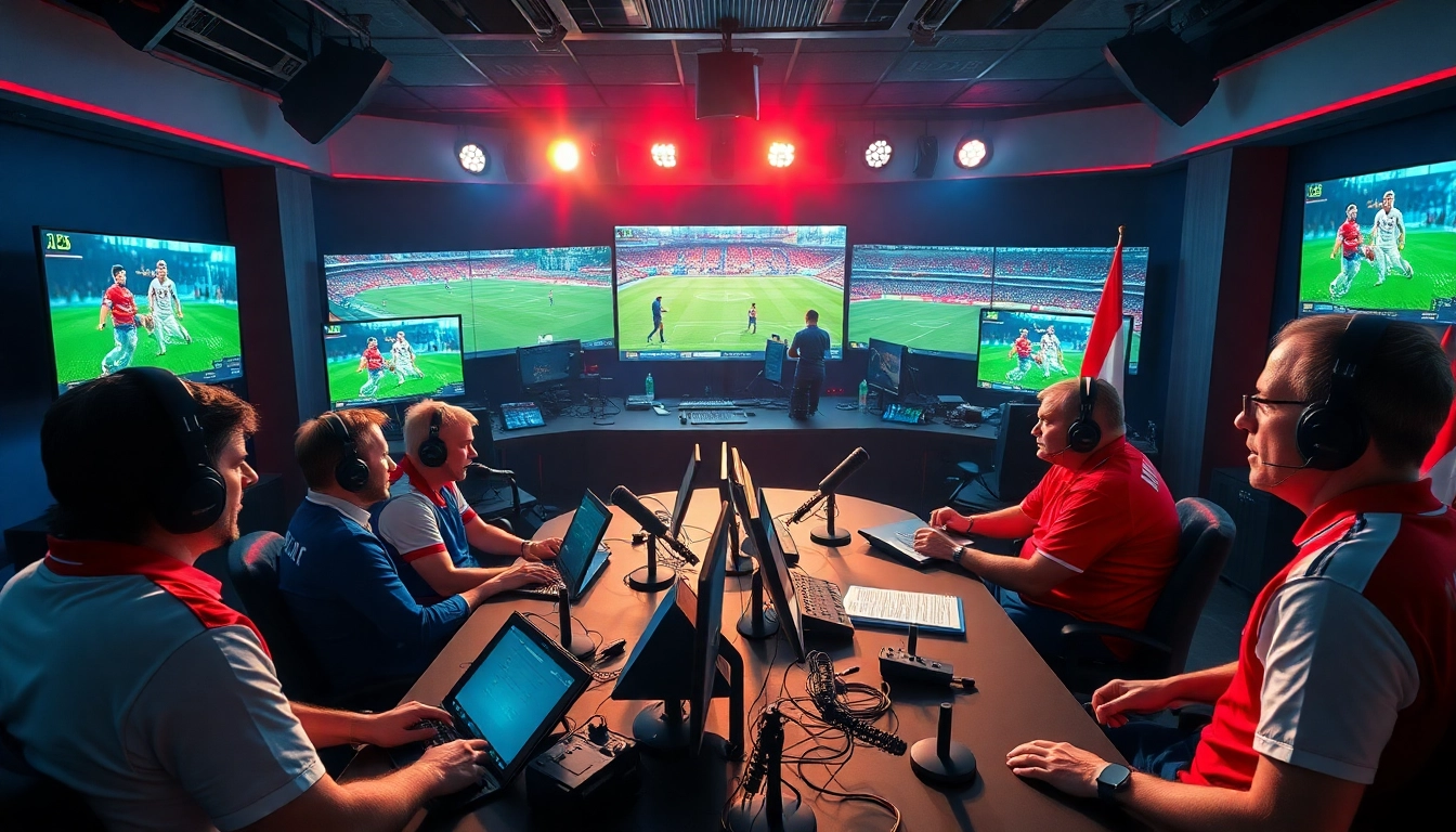 Live discussion in sports broadcasting studio showcasing multiple screens and energetic atmosphere.