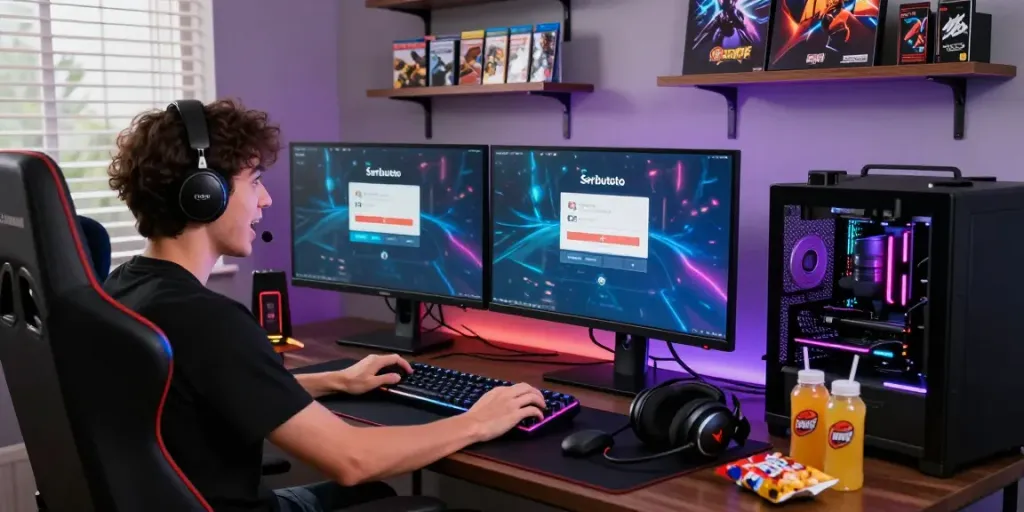 Seributoto Login di lingkungan gaming dengan peralatan canggih dan atmosfer dinamis.