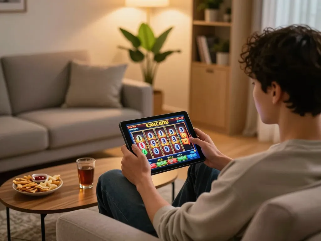 Engaging with slot gacor games on a tablet in a cozy home setting, showing a responsible gaming approach.