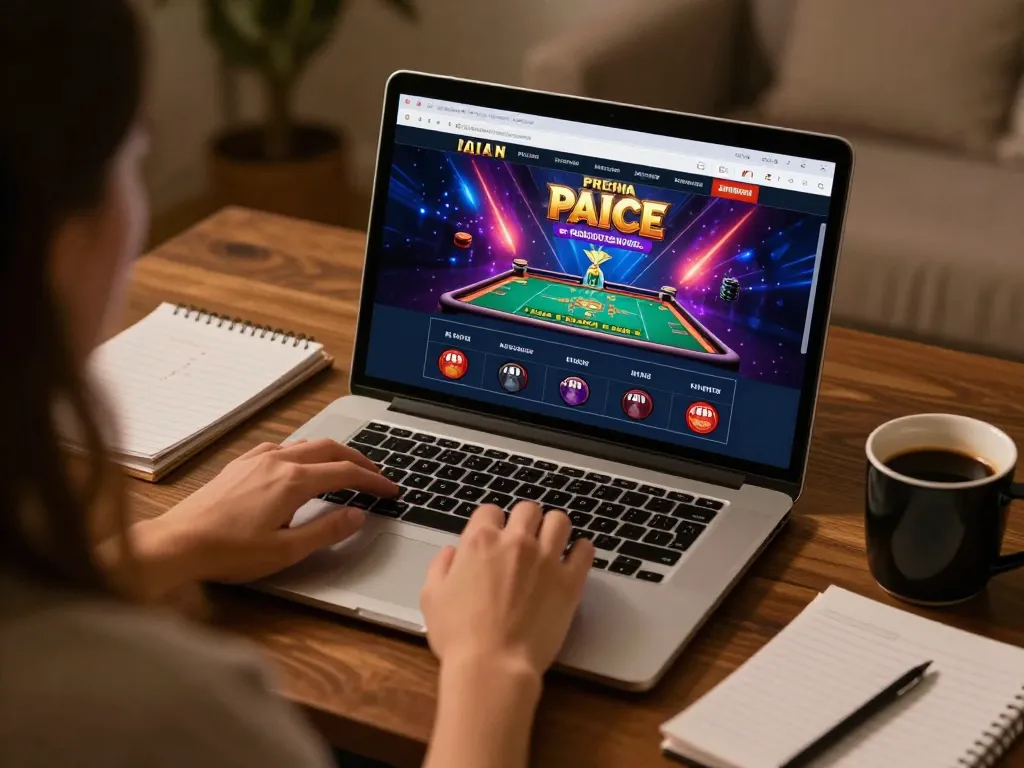 Engaging in live dealer gaming online, showcasing joylink free kredit on laptop in a cozy home.