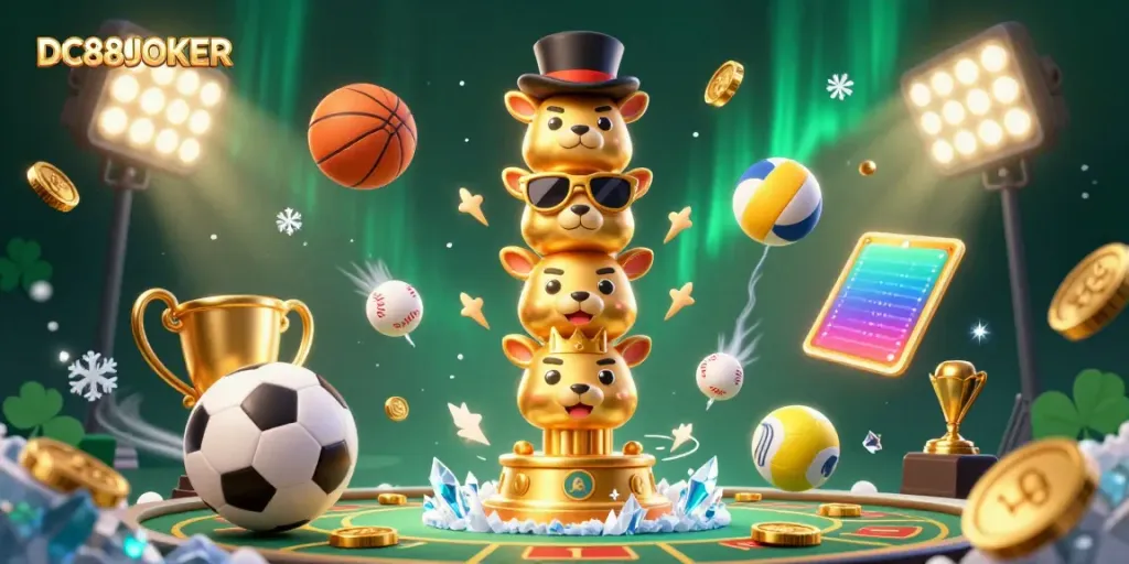 Experience the thrill of DC88JOKER with vibrant gaming elements and dynamic sports balls in a lively casino scene.
