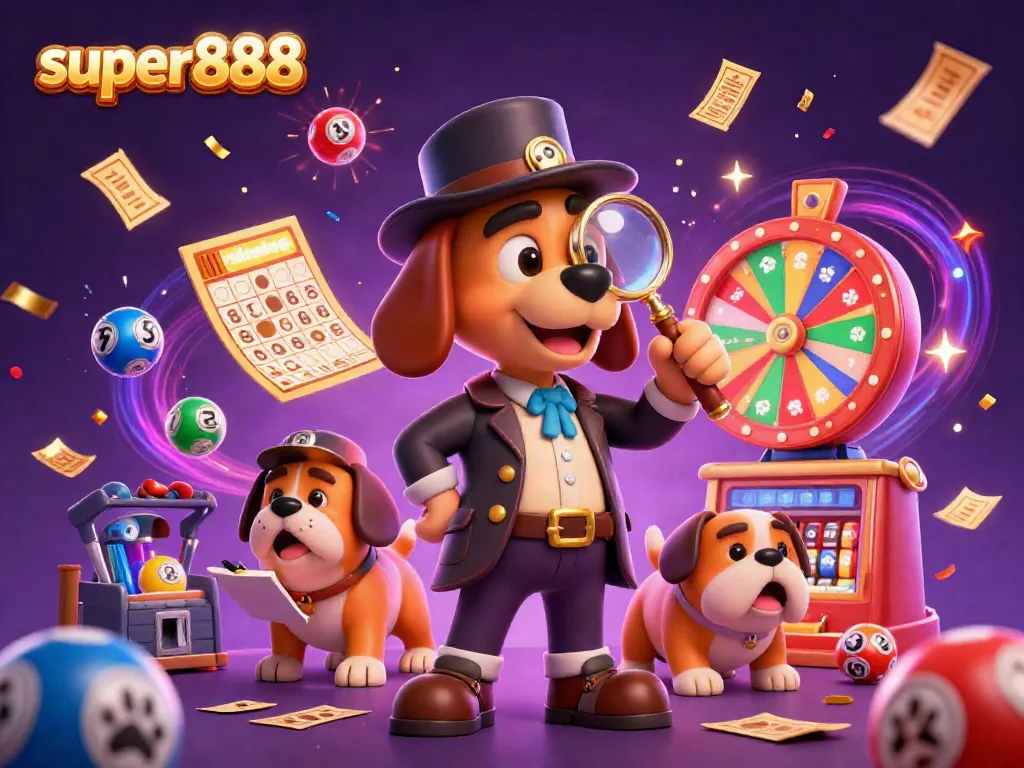 Super888 mendorong jackpot dengan karakter lucu di luar mesin lotre, menampilkan keberuntungan dengan warna cerah.