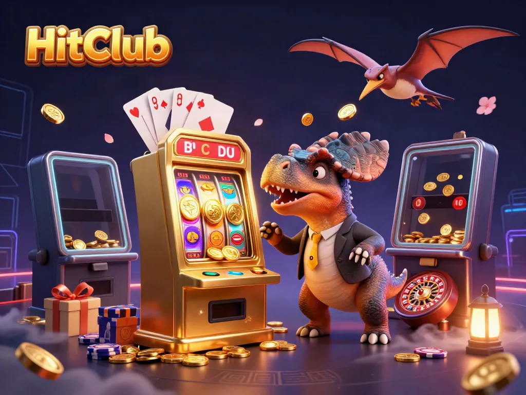 HitClub's pachycephalosaurus excitingly headbutts a jackpot slot machine as coins fly.