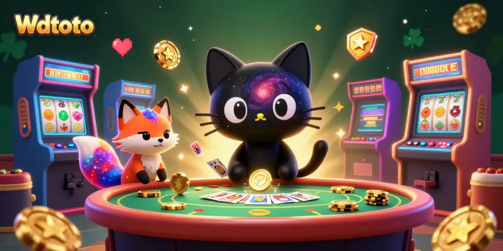 Wdtoto menarik chip emas dan kartu di kasino dengan kucing hitam dan rubah nebula.