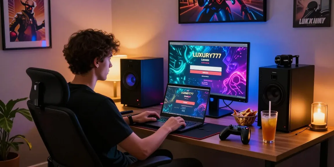 Proses LUXURY777 Login di ruang kerja modern yang nyaman dengan laptop dan aksesori game.