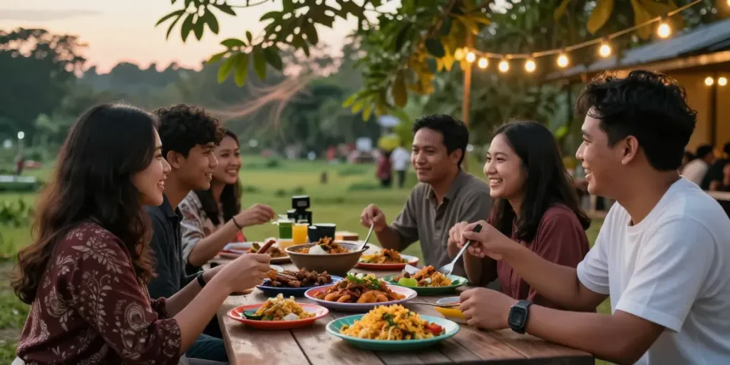 Teman berkumpul di piknik merayakan bukumimpi138 dengan hidangan tradisional Indonesia.