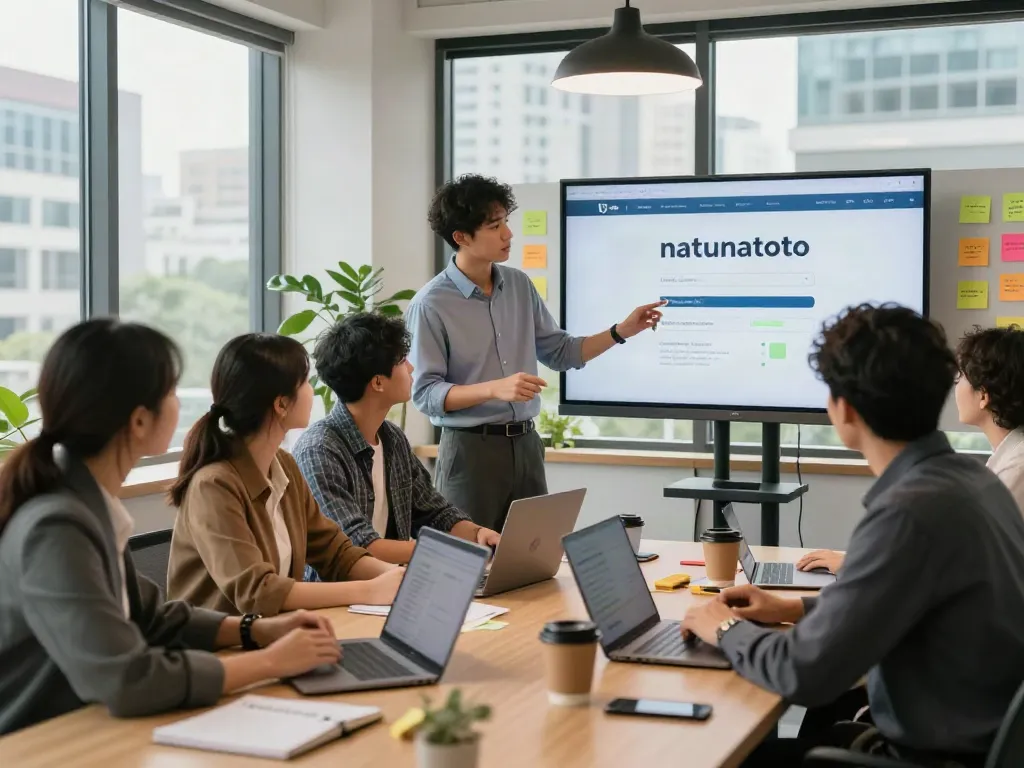 Diskusi aktif tentang natunatoto login dalam suasana kantor modern dengan profesional muda.