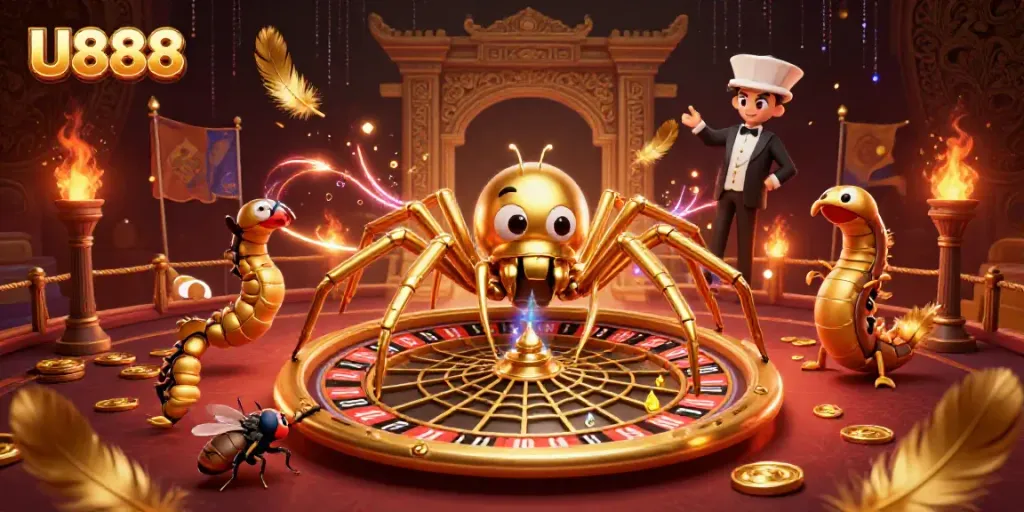 Engaging scene of U888 featuring a golden spider and a centipede croupier at a roulette wheel
