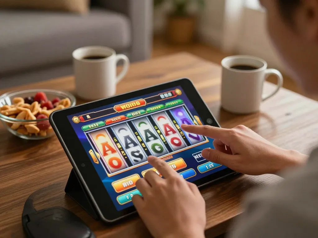 SIS4D player spinning reels on a tablet in a cozy home setting while enjoying online slots.