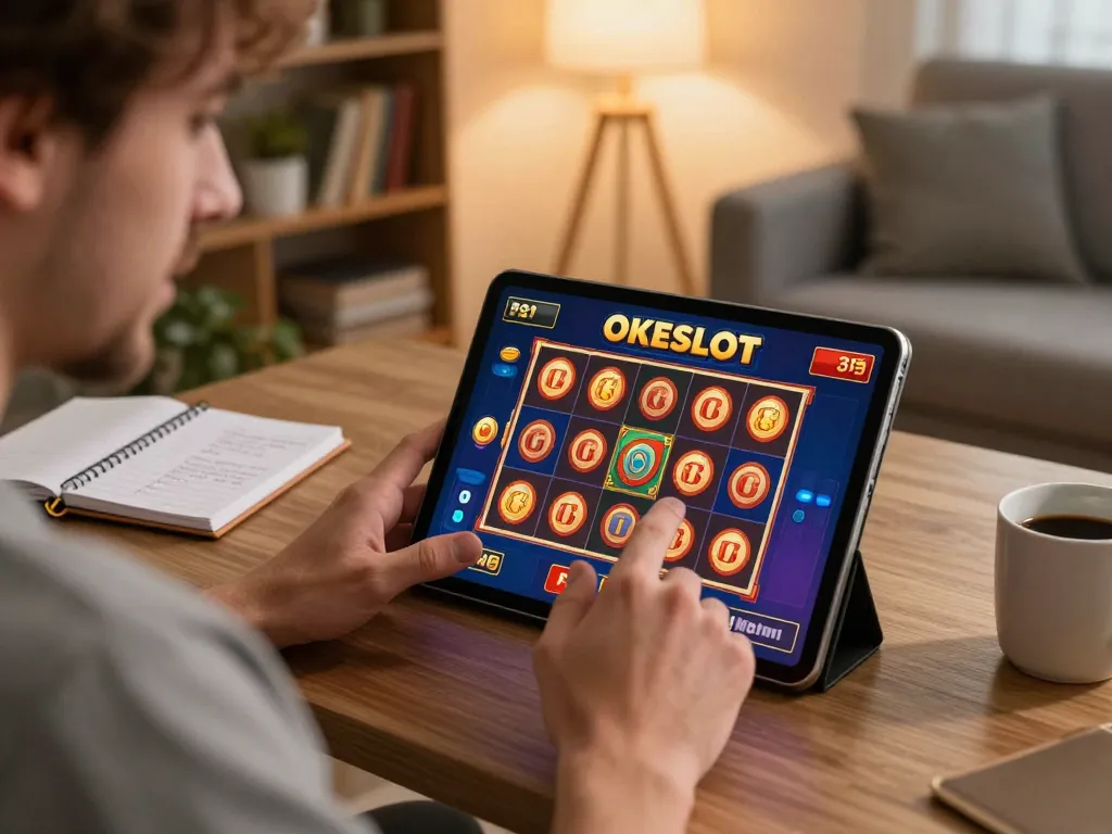 Sesi permainan online yang menarik menggunakan antarmuka slot OKESLOT di tablet, menciptakan suasana nyaman di rumah