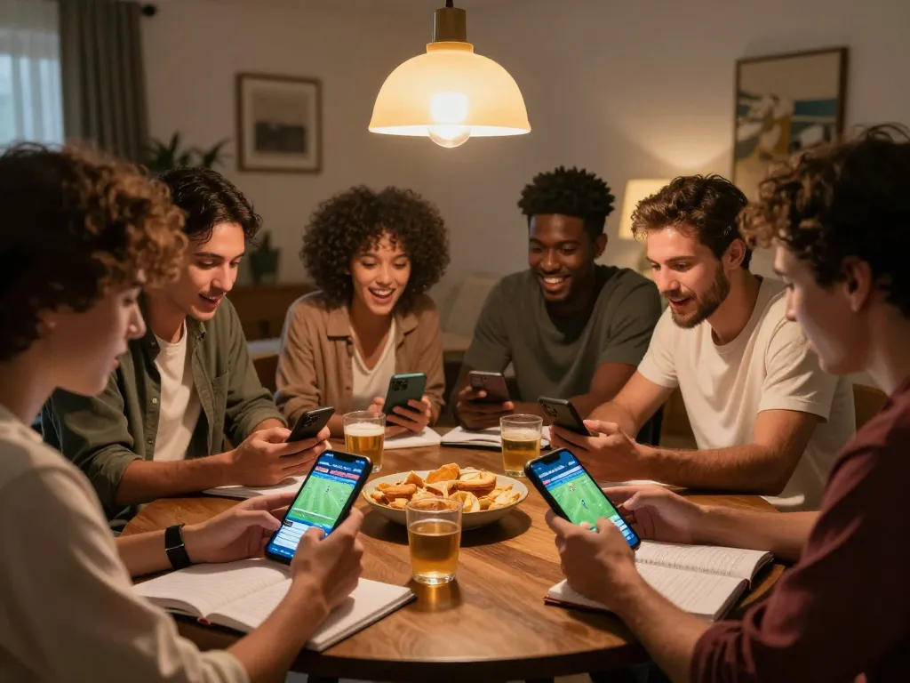 Group of friends engaging in cá độ bóng đá strategies around a cozy coffee table with betting apps.
