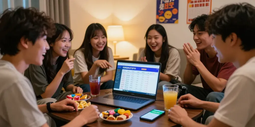 Bandar Toto Macau dalam suasana kumpul teman, mendiskusikan hasil Toto lewat laptop dan aplikasi SERIBUTOTO.