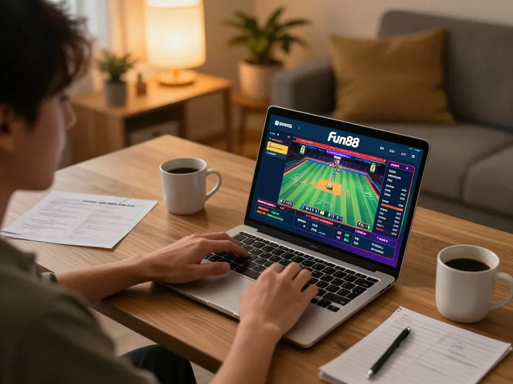 Player enjoying sports betting on Fun88 app with live casino setup in a cozy home office.