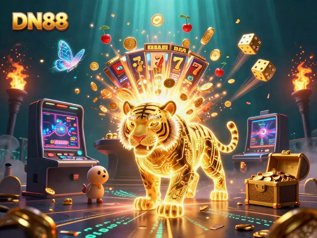 Experience thrilling gameplay with DN88's vibrant 3D digital casino landscape featuring a golden tiger and jackpot surprises.