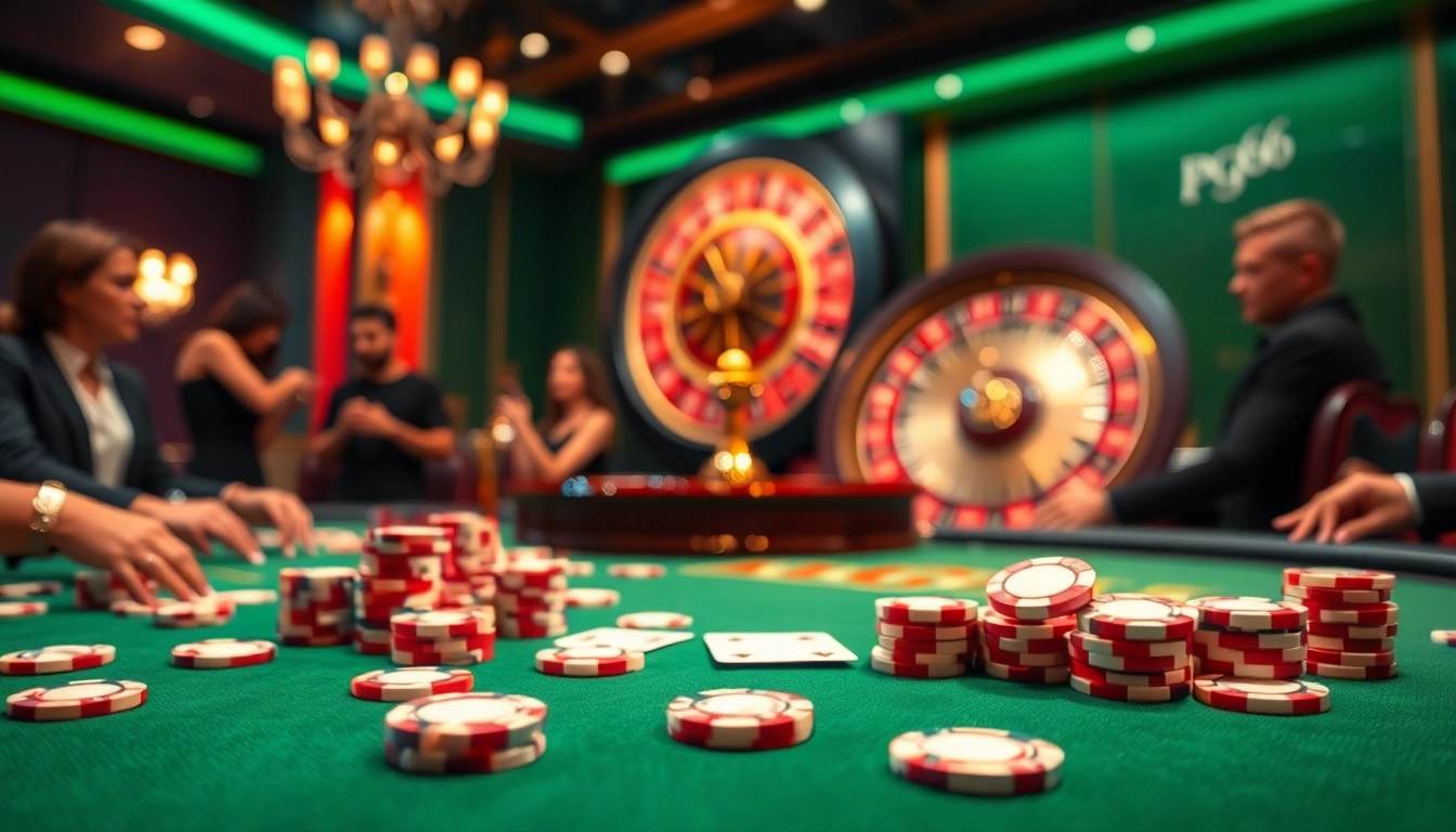 Players enjoy poker at a PG66 themed casino with vibrant chips, cards, and a roulette wheel.
