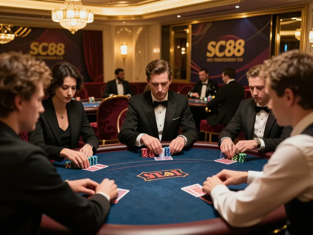Players strategizing during a high-stakes poker game at SC88 casino, showcasing luxury and competitive spirit.