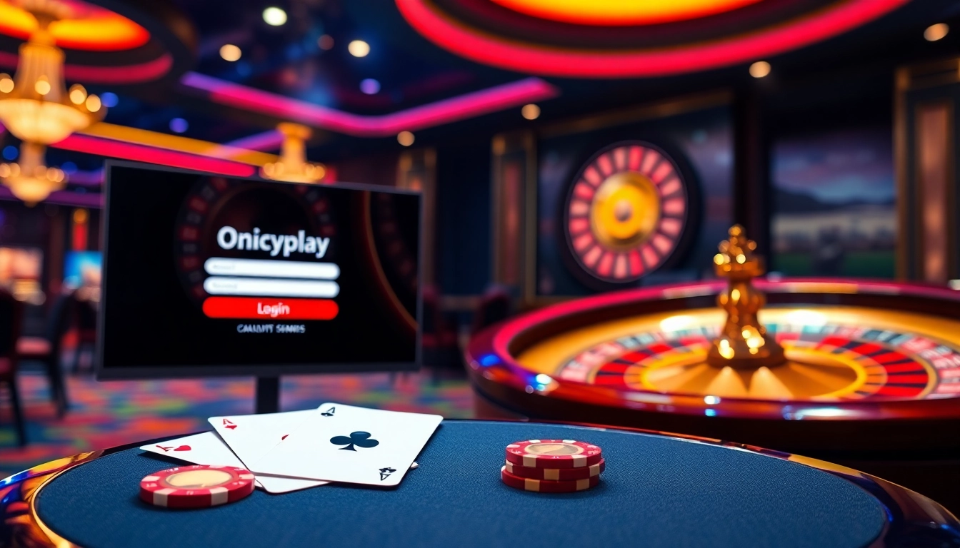 Engaging scene of Onicplay login screen in a luxury casino atmosphere featuring poker chips and roulette.