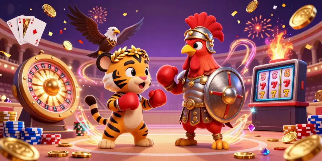 Experience thrilling gaming action with flokitoto in a colorful colosseum featuring a gladiator rooster, tiger cub, and eagle.