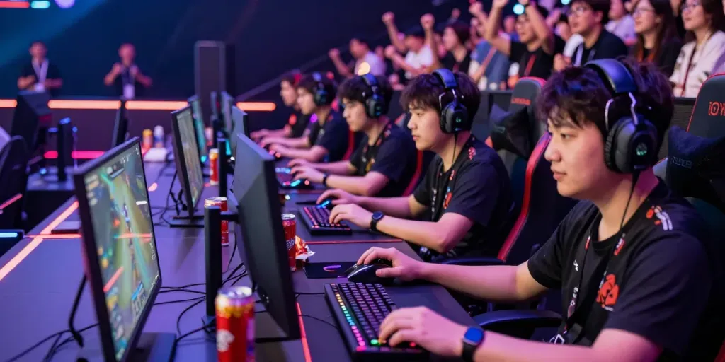 Pemandangan arena esports dengan gamer fokus pada layar dan atmosfer meriah.