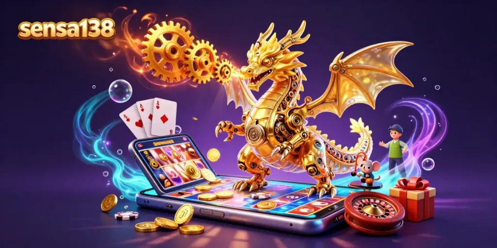 Engage in thrilling gameplay with sensa138, featuring a golden dragon and dynamic casino elements.