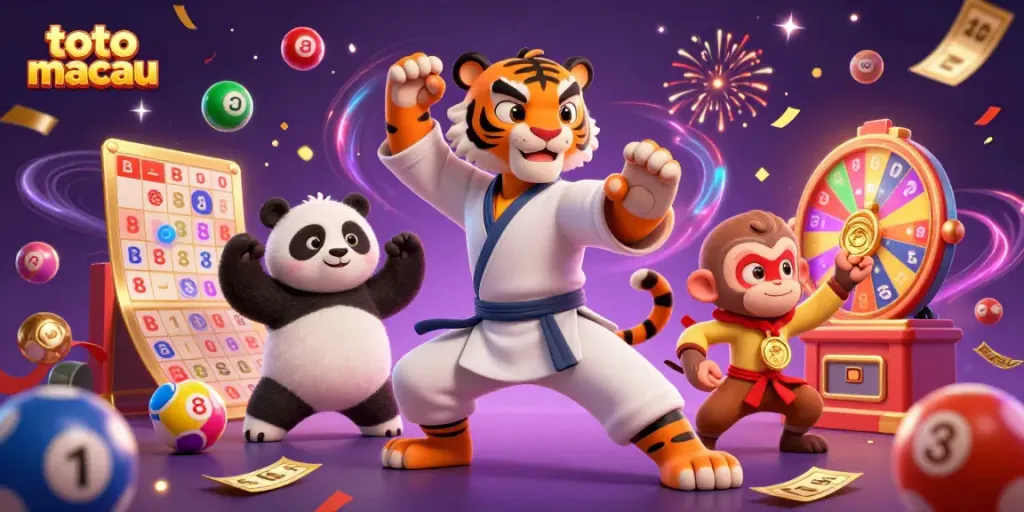 Engaging lottery scene showcasing toto macau with colorful balls, a kung fu tiger master, and festive elements.