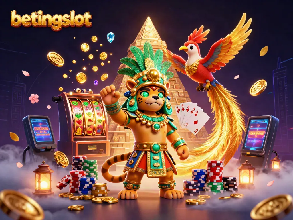 Gambarkan pengalaman bermain dengan betingslot, jaguar dan burung quetzal di latar belakang kasino yang megah.