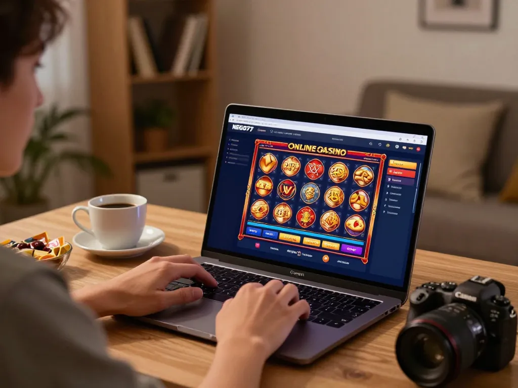 Engage with NEGO77 online casino gaming via a laptop, showcasing vibrant slot game options.