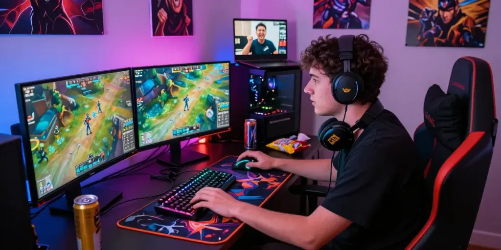 Pengalaman bermain situs gacor dengan pemain fokus pada setup gaming berwarna cerah dan perangkat gaming modern.
