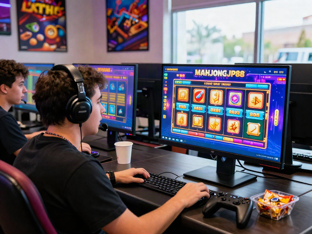 Exciting scene of a player enjoying Slot MAHJONGJP88 on a vibrant gaming setup