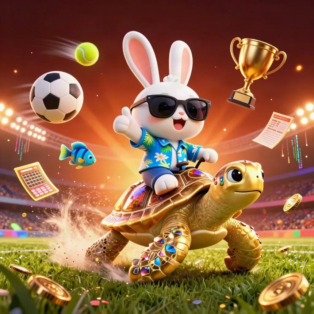 Kelinci kartun berkacamata di atas kura-kura emas dikelilingi bola, koin, dan efek neon.