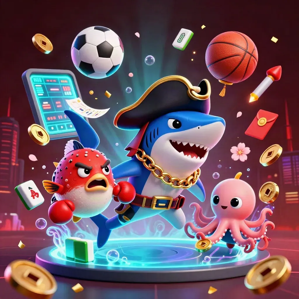 Hiu bajak laut, buntal marah, dan gurita bayi dikelilingi bola basket, bola, dan koin emas.