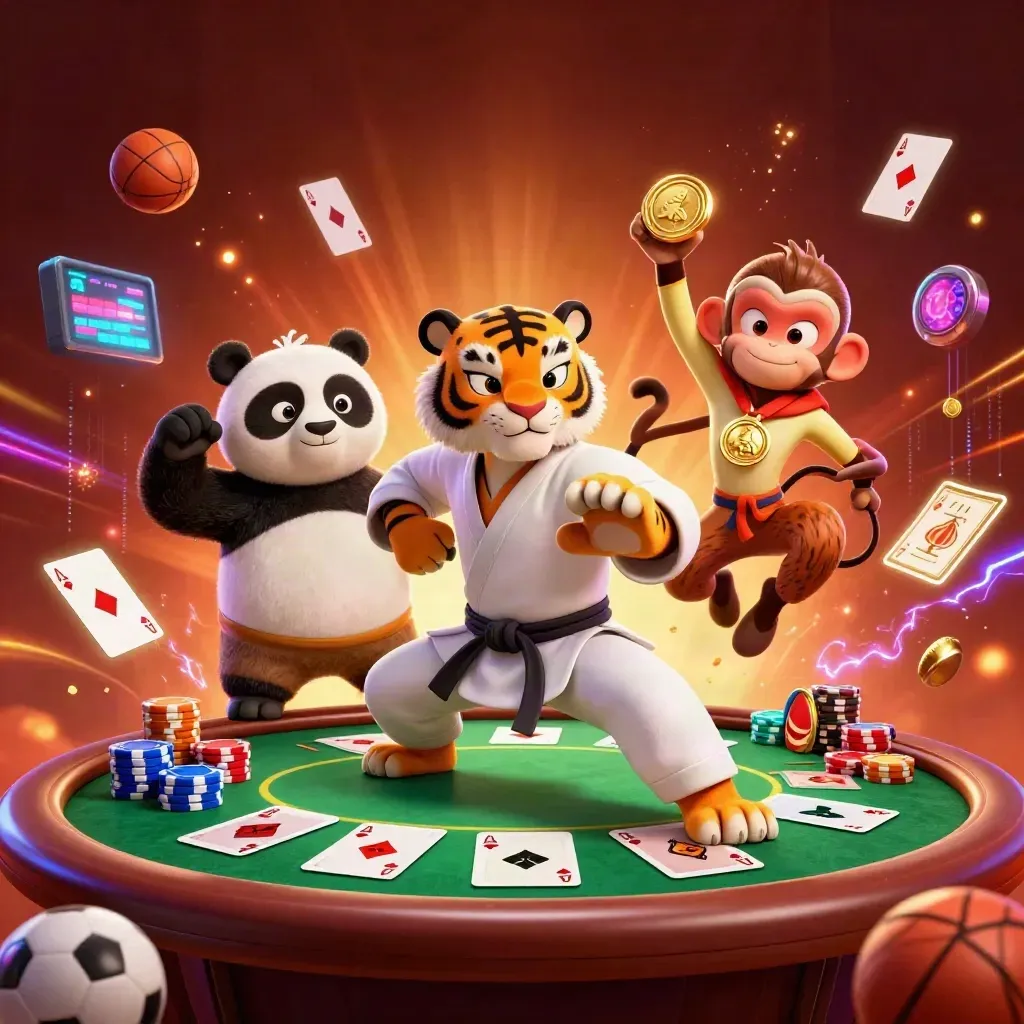 Harimau kung-fu, panda, dan monyet di meja poker dengan kartu dan chip berkilau.