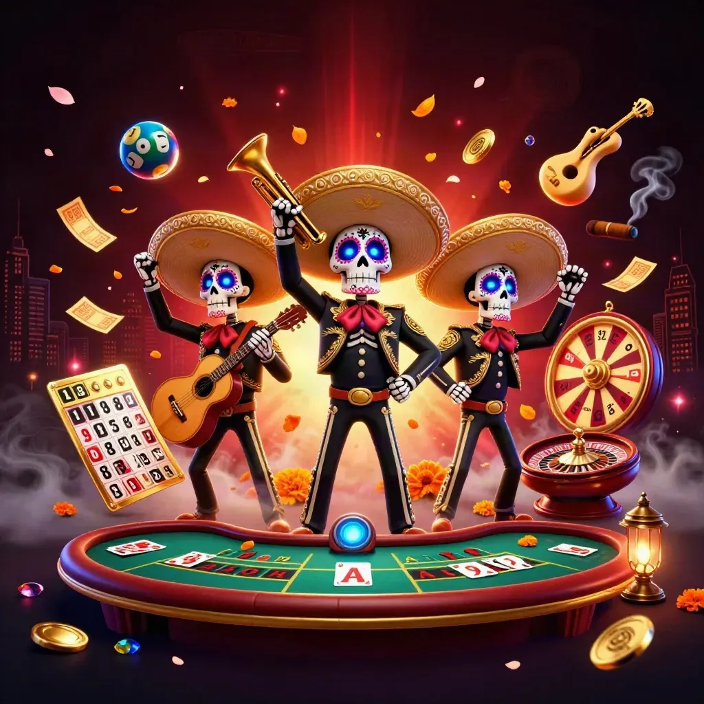 Tiga kerangka mariachi topi emas dikelilingi bola lotre dan roda hadiah di kasino merah gelap.